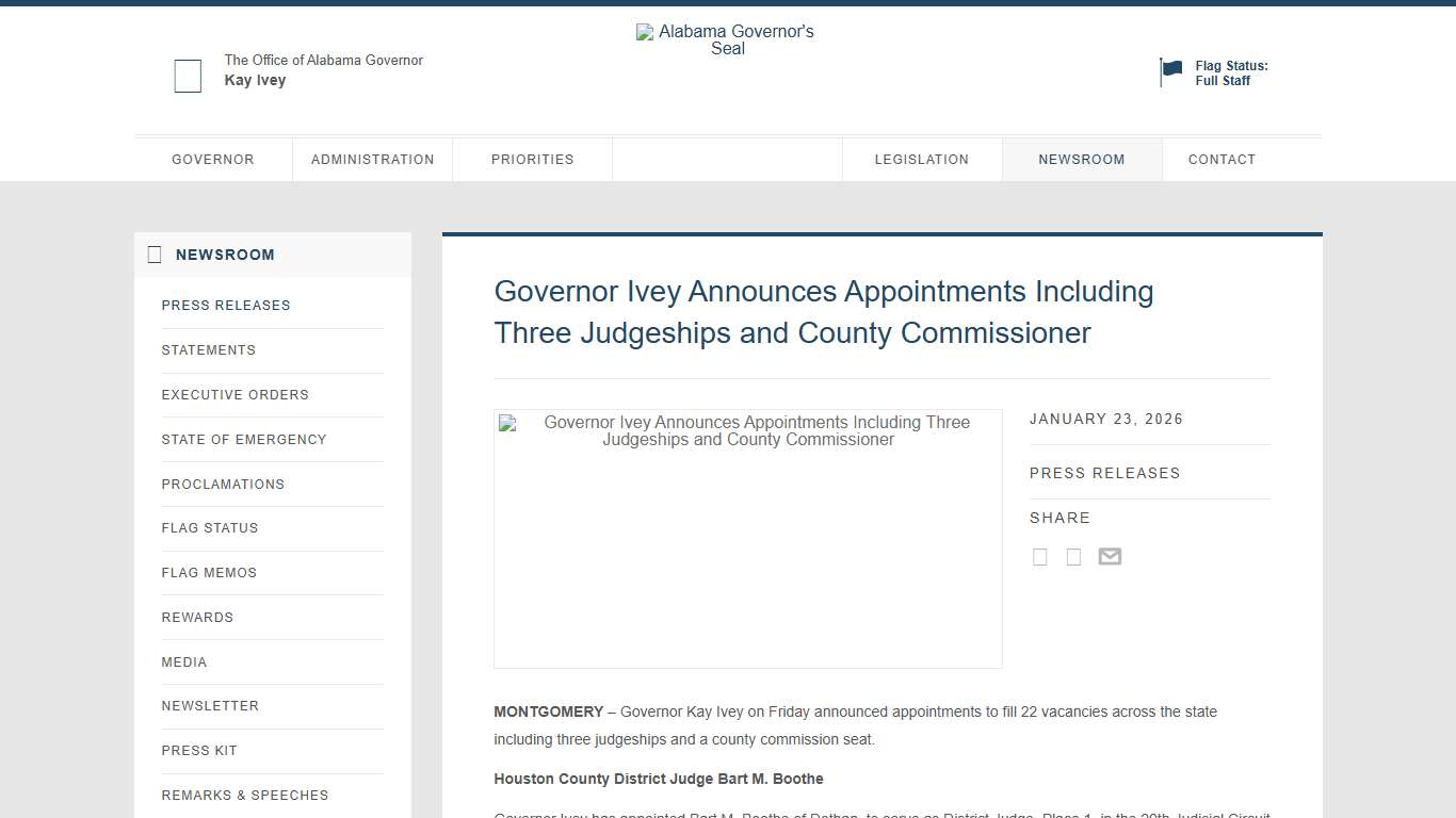 Governor Ivey Announces Appointments Including Three Judgeships and County Commissioner -