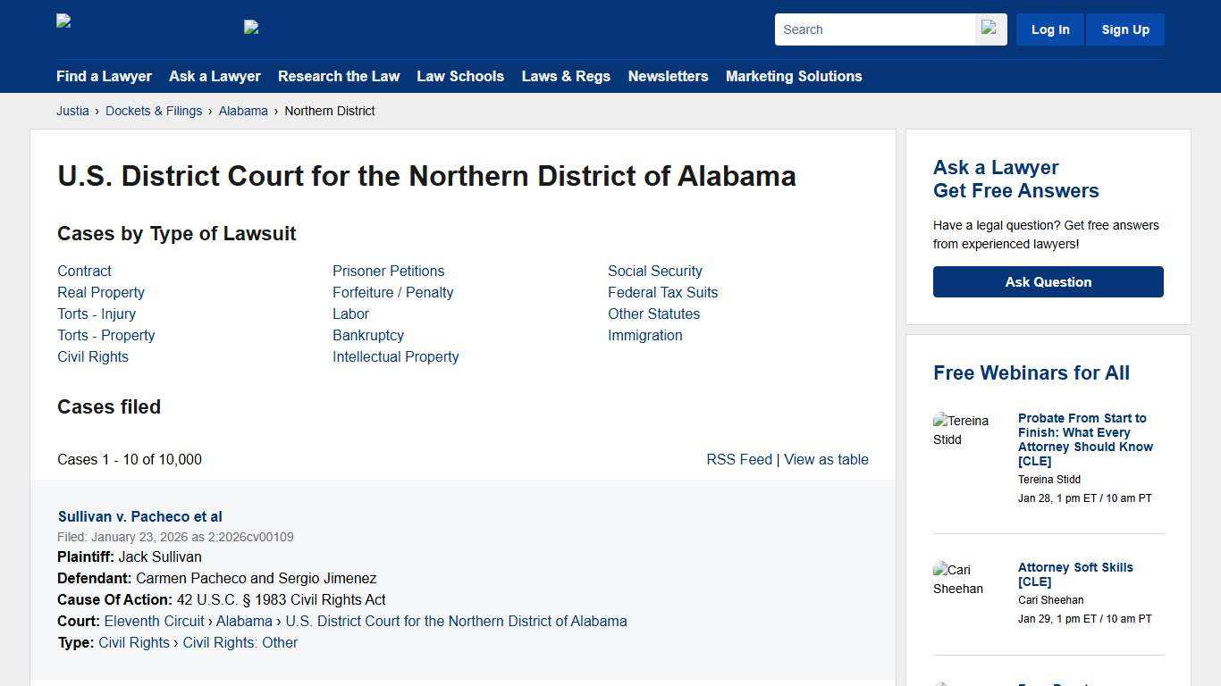 Cases, Dockets and Filings in the U.S. District Court for the Northern District of Alabama Justia Dockets & Filings