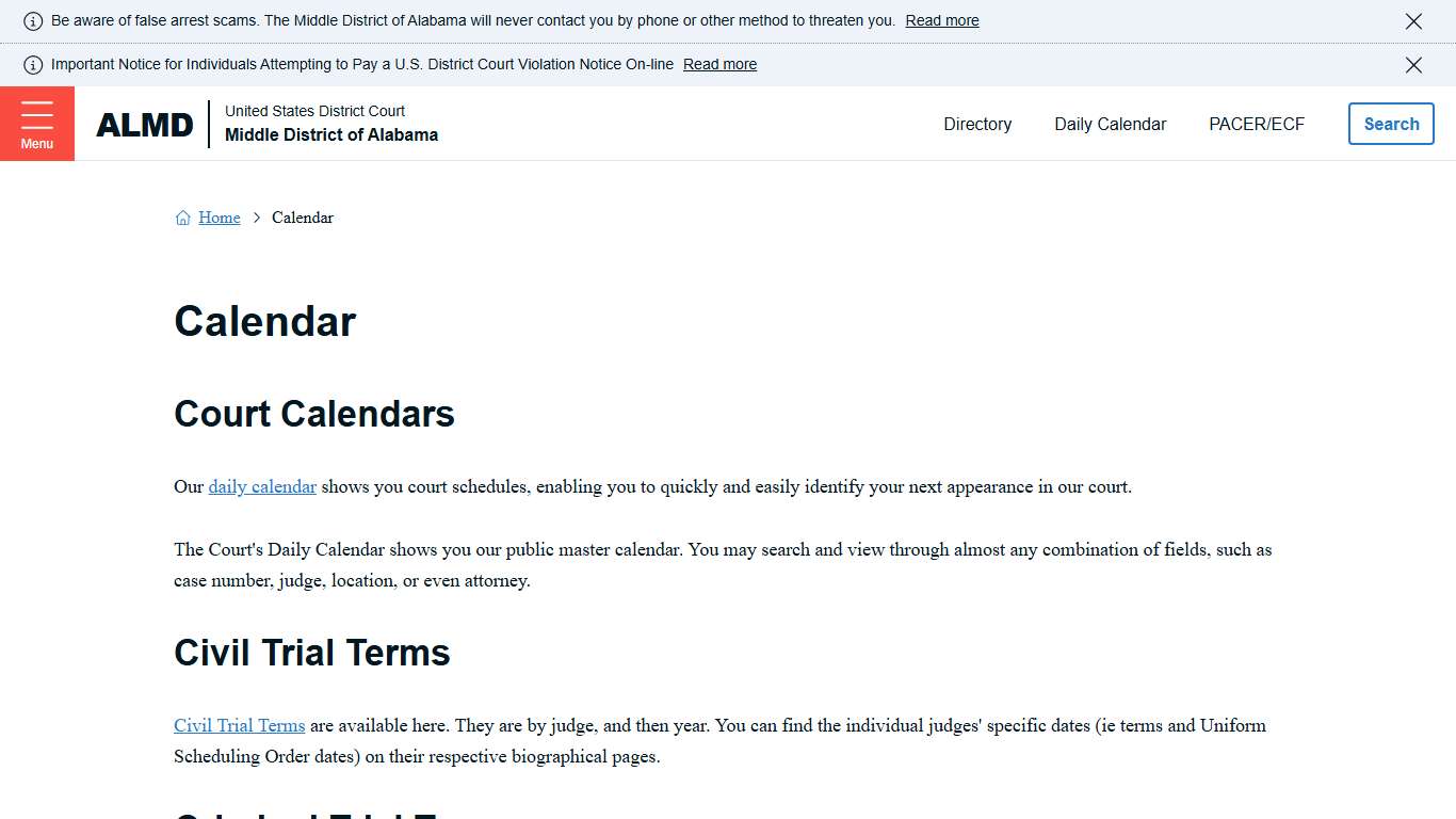 Calendar United States District Court